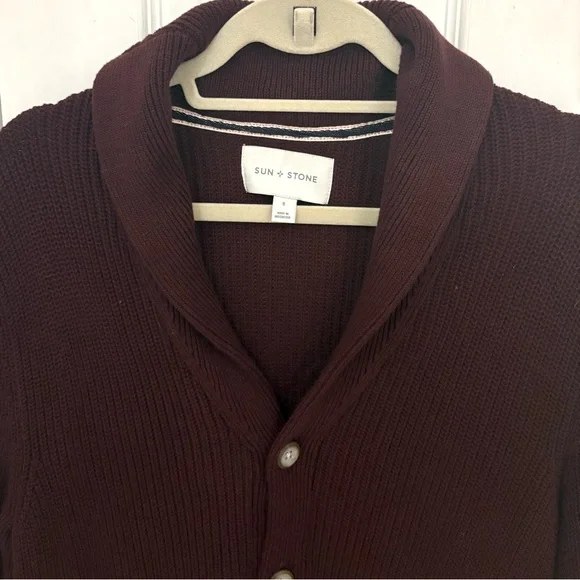 Sun + Stone Men’s Ribbed Button Down Cardigan with Shawl Collar in Plum - Picture 5 of 8